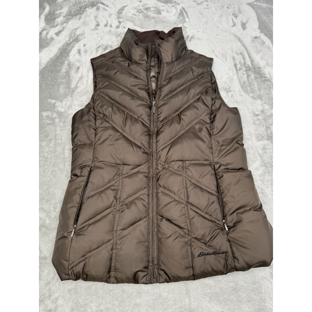 Eddie Bauer Down Puffer‎ Vest Womens XS Brown Full Zip Quilted Goose Equestrian